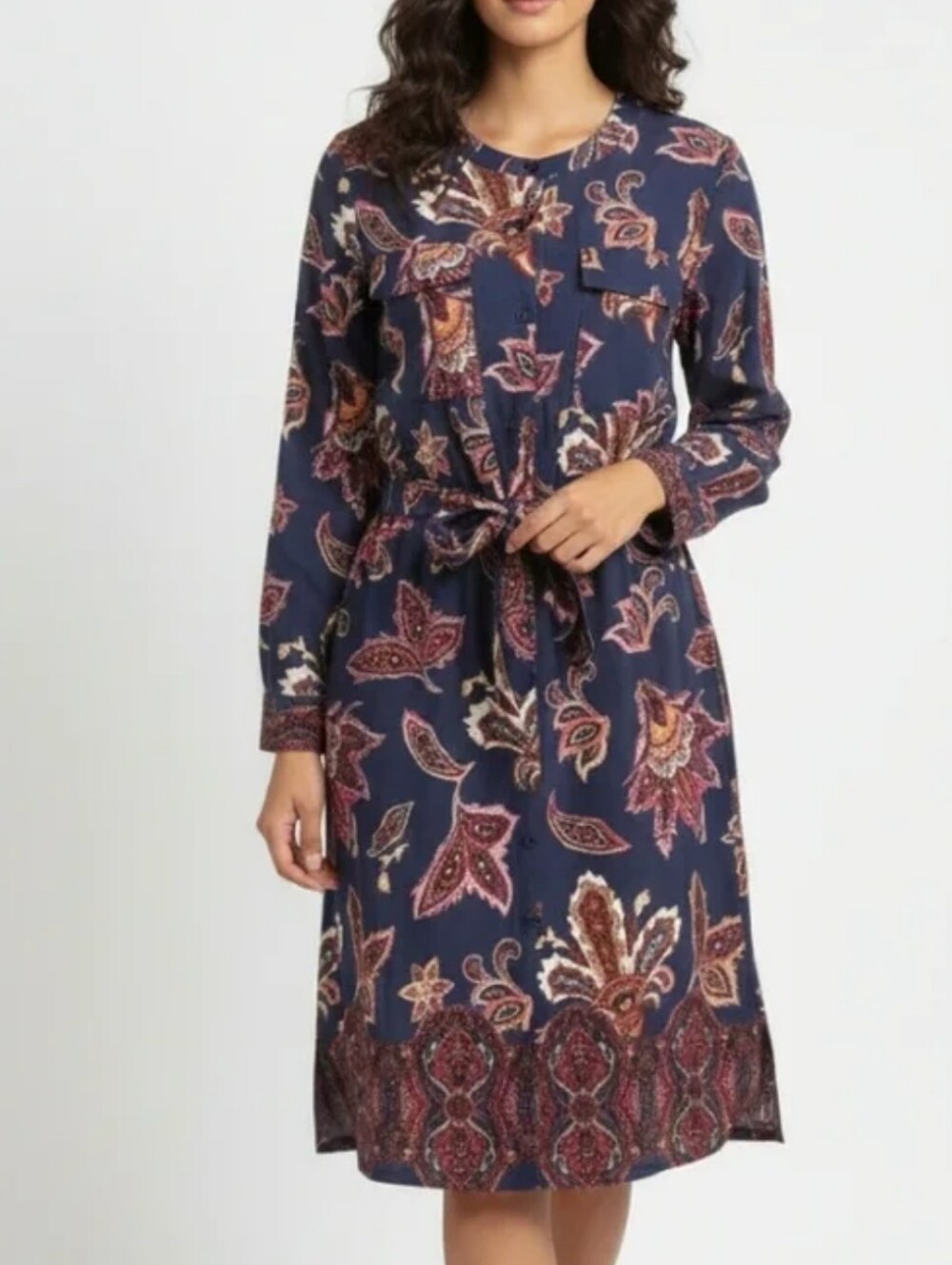 Liz Claiborne Navy Paisley Long Sleeve Tie-Waist Dress
